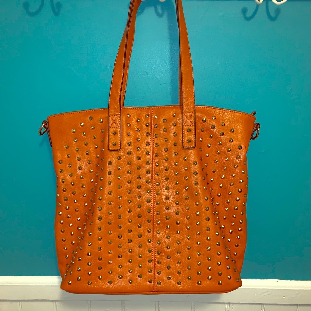 Large Orange Patent Leather Studded Handbag
